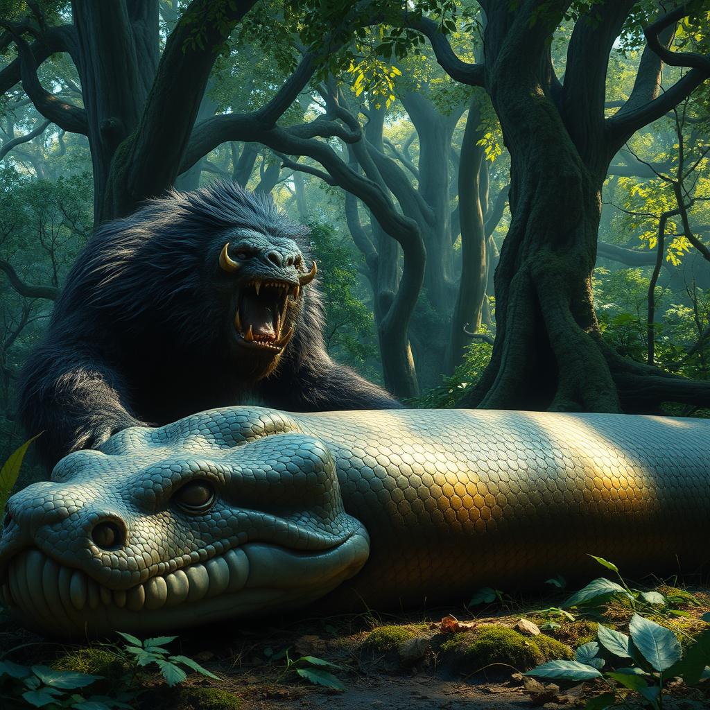 An imposing bugbear with dark, coarse fur and sharp, menacing teeth stares intently at the massive carcass of a giant snake, which is sprawled out on the forest floor