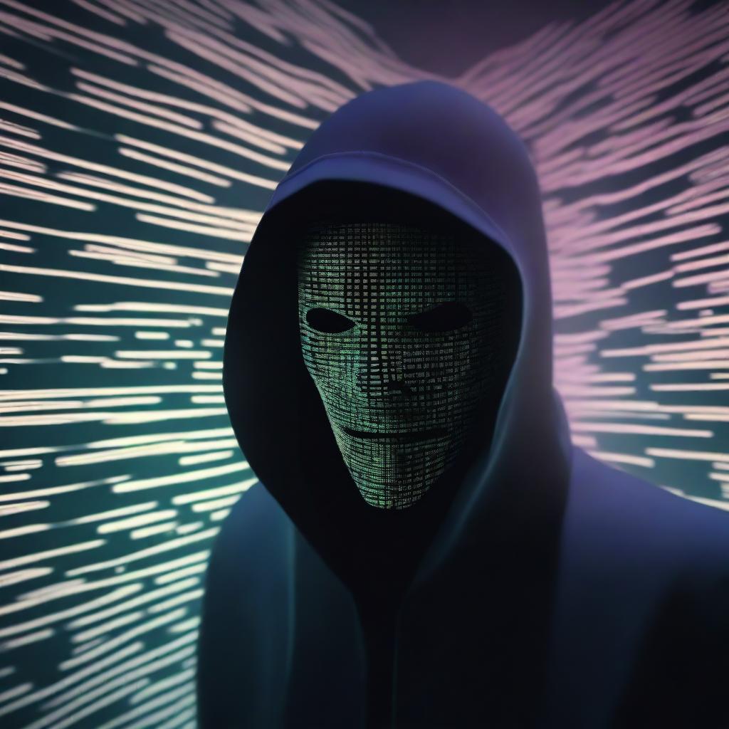 A high-resolution digital art image featuring a mysterious figure wearing a hacker mask