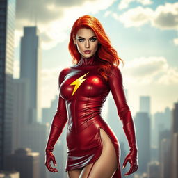 A striking superheroine with vibrant red hair cascading down her shoulders, dressed in a form-fitting red outfit that showcases her toned physique