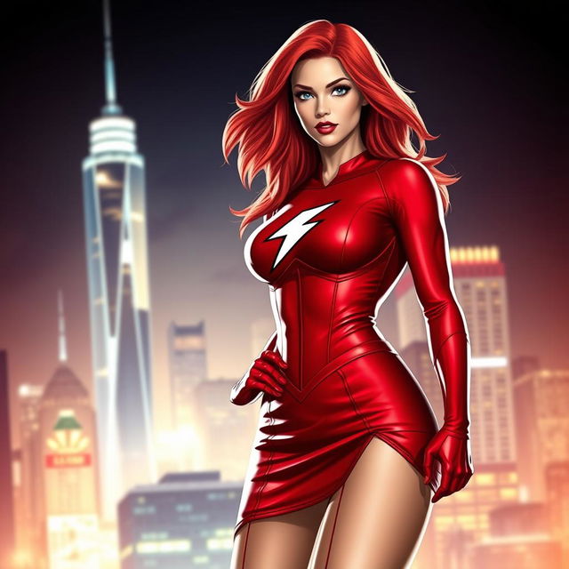 A striking superheroine with vibrant red hair cascading down her shoulders, dressed in a form-fitting red outfit that showcases her toned physique