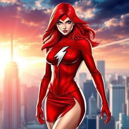 A striking superheroine with vibrant red hair cascading down her shoulders, dressed in a form-fitting red outfit that showcases her toned physique