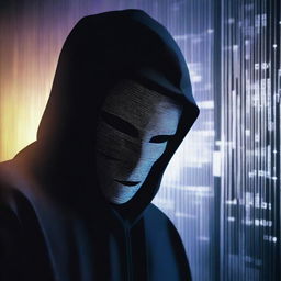 A high-resolution digital art image featuring a mysterious figure wearing a hacker mask