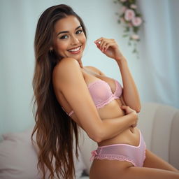 A beautiful young woman exuding confidence and charm, wearing delicate pink transparent underwear that beautifully highlights her figure