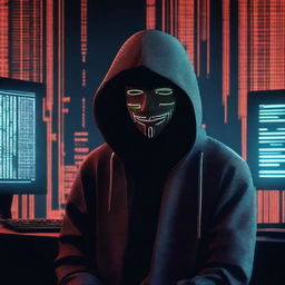 A high-resolution digital art image featuring a mysterious figure wearing a hacker mask