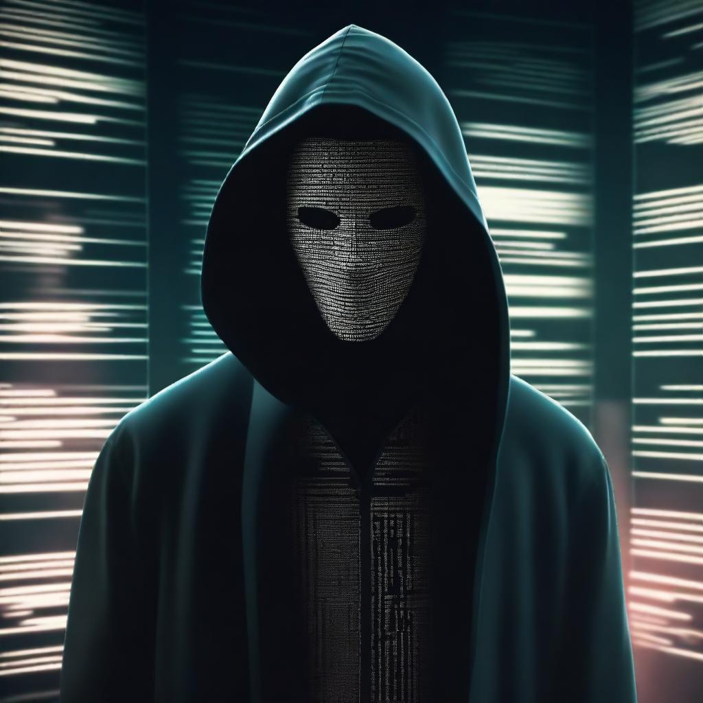 A high-resolution digital art image featuring a mysterious figure wearing a hacker mask