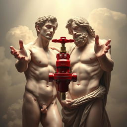 A surreal and artistic interpretation inspired by Michelangelo's 'The Creation of Adam', featuring a striking red water valve held between the outstretched hands of Adam and God