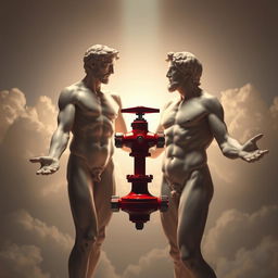 A surreal and artistic interpretation inspired by Michelangelo's 'The Creation of Adam', featuring a striking red water valve held between the outstretched hands of Adam and God
