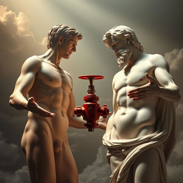 A surreal and artistic interpretation inspired by Michelangelo's 'The Creation of Adam', featuring a striking red water valve held between the outstretched hands of Adam and God