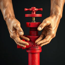 A vividly designed red water valve inspired by Michelangelo's Creation of Adam, featuring detailed and lifelike human hands reaching toward each other