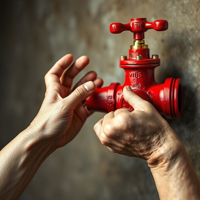 A vividly designed red water valve inspired by Michelangelo's Creation of Adam, featuring detailed and lifelike human hands reaching toward each other