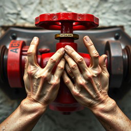 A vividly designed red water valve inspired by Michelangelo's Creation of Adam, featuring detailed and lifelike human hands reaching toward each other
