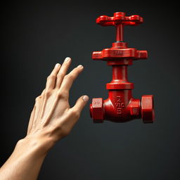 A vividly designed red water valve inspired by Michelangelo's Creation of Adam, featuring detailed and lifelike human hands reaching toward each other