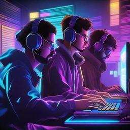 A high-resolution digital art image portraying a group of gaming hackers