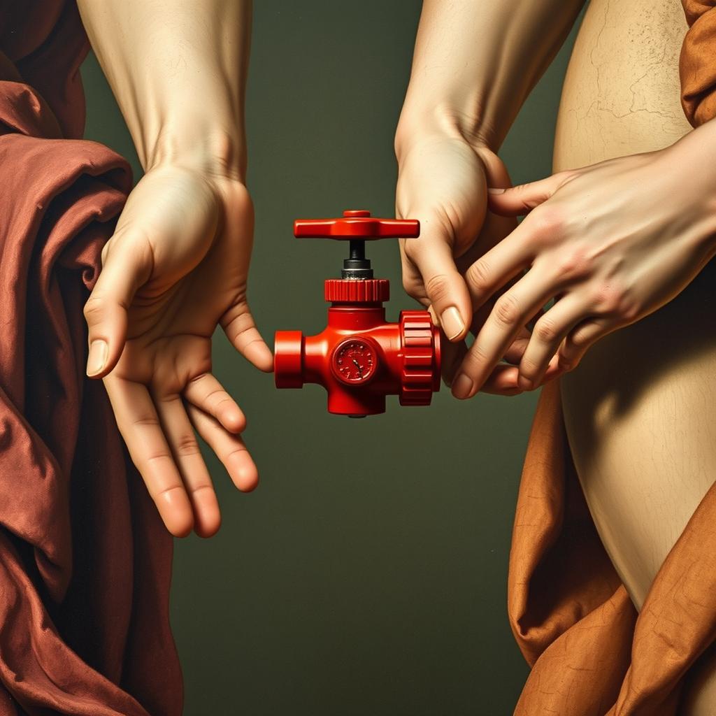 A red water valve positioned between the hands of Michelangelo's Creation of Adam, capturing the iconic moment of divine touch