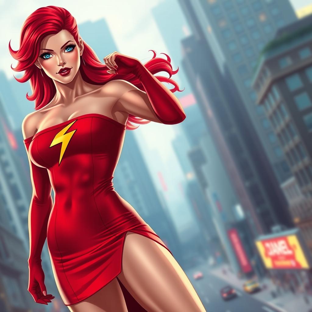 A striking superheroine with vibrant red hair, showcasing a tight red dress with bare shoulders