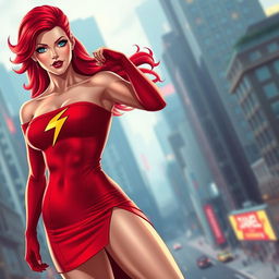 A striking superheroine with vibrant red hair, showcasing a tight red dress with bare shoulders