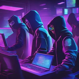 A high-resolution digital art image portraying a group of gaming hackers