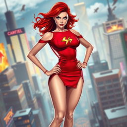 A striking superheroine with vibrant red hair, showcasing a tight red dress with bare shoulders