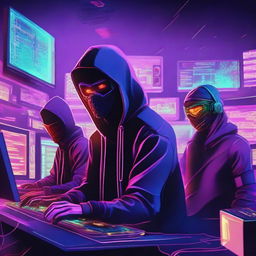 A high-resolution digital art image portraying a group of gaming hackers