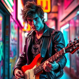 A cool guy with an electric guitar, exuding confidence and style