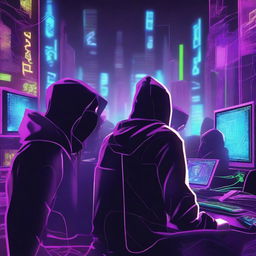 A high-resolution digital art image portraying a group of gaming hackers