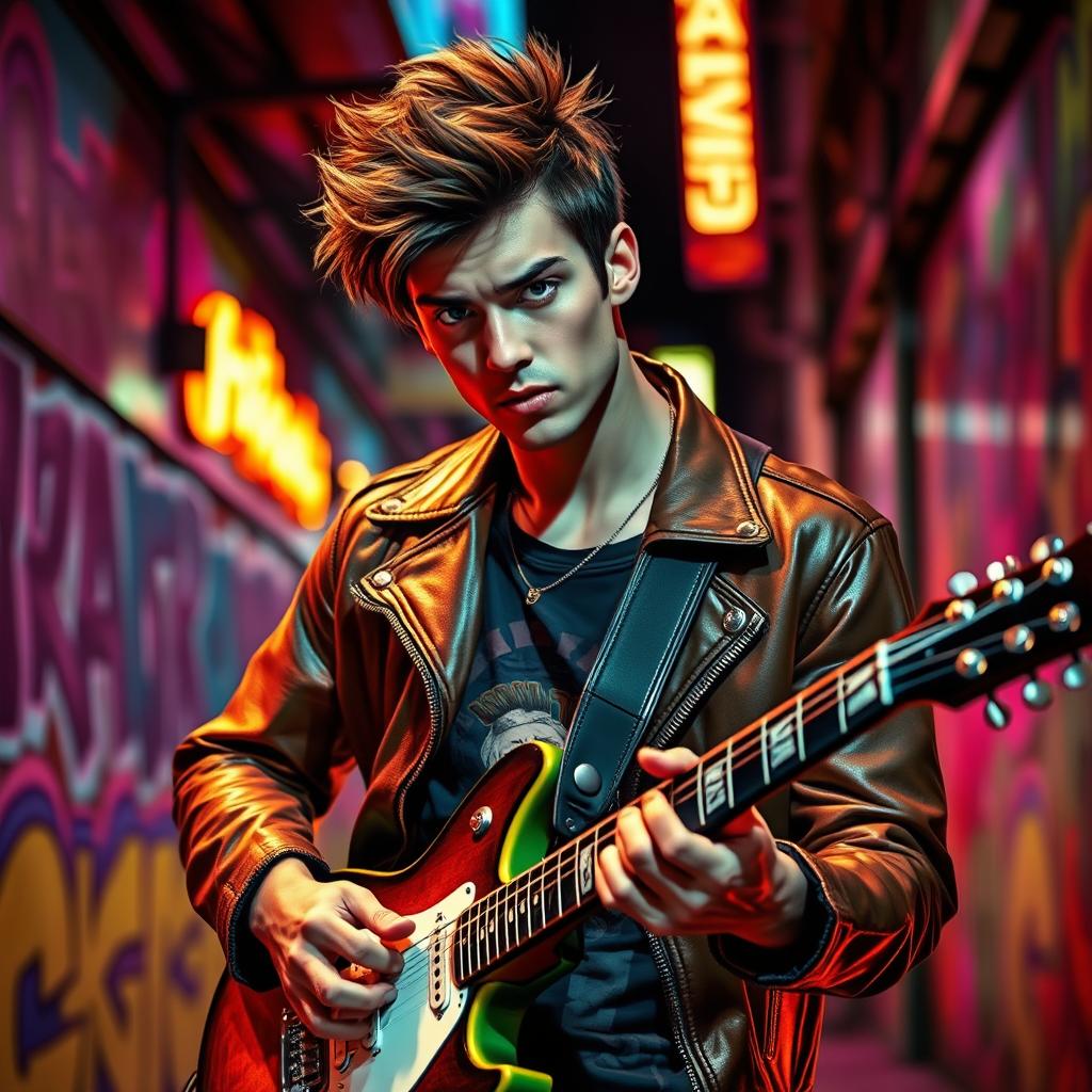 A cool guy with an electric guitar, exuding confidence and style