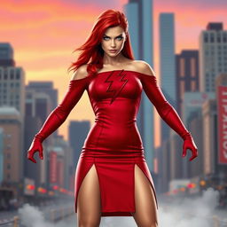 A fierce superheroine with striking red hair, clad in a tight red dress that showcases her bare shoulders