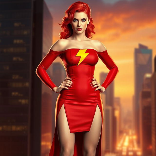 A fierce superheroine with striking red hair, clad in a tight red dress that showcases her bare shoulders