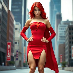 A fierce superheroine with striking red hair, clad in a tight red dress that showcases her bare shoulders