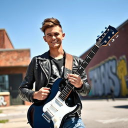 A cool young man with a stylish haircut and a confident smile, holding an electric guitar, standing in an urban setting