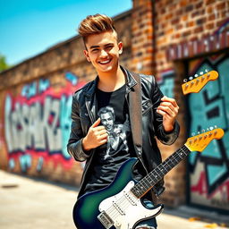 A cool young man with a stylish haircut and a confident smile, holding an electric guitar, standing in an urban setting