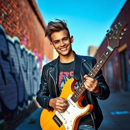 A cool young man with a stylish haircut and a confident smile, holding an electric guitar, standing in an urban setting