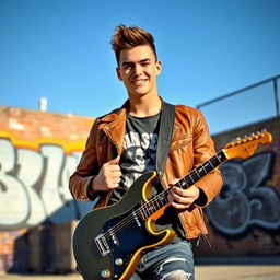 A cool young man with a stylish haircut and a confident smile, holding an electric guitar, standing in an urban setting