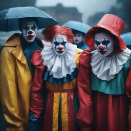 A high-resolution digital art image featuring a group of people in clown costumes, crying in the rain