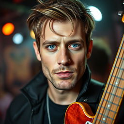 A close-up portrait of a cool, stylish man with a confident expression, solely focusing on his face