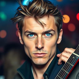 A close-up portrait of a cool, stylish man with a confident expression, solely focusing on his face