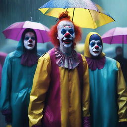 A high-resolution digital art image featuring a group of people in clown costumes, crying in the rain