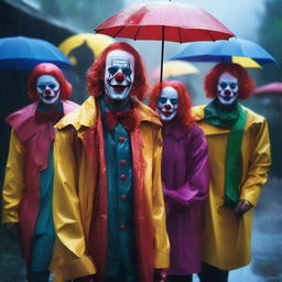 A high-resolution digital art image featuring a group of people in clown costumes, crying in the rain