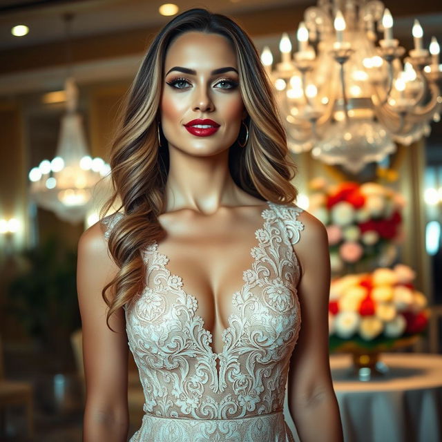 A close-up shot of a glamorous woman in an elegant evening gown, showcasing intricate lace details and a deep neckline that highlights her cleavage