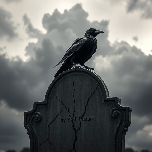 A cracked tombstone under a cloudy sky, with a crow perched on top