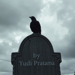 A cracked tombstone under a cloudy sky, with a crow perched on top