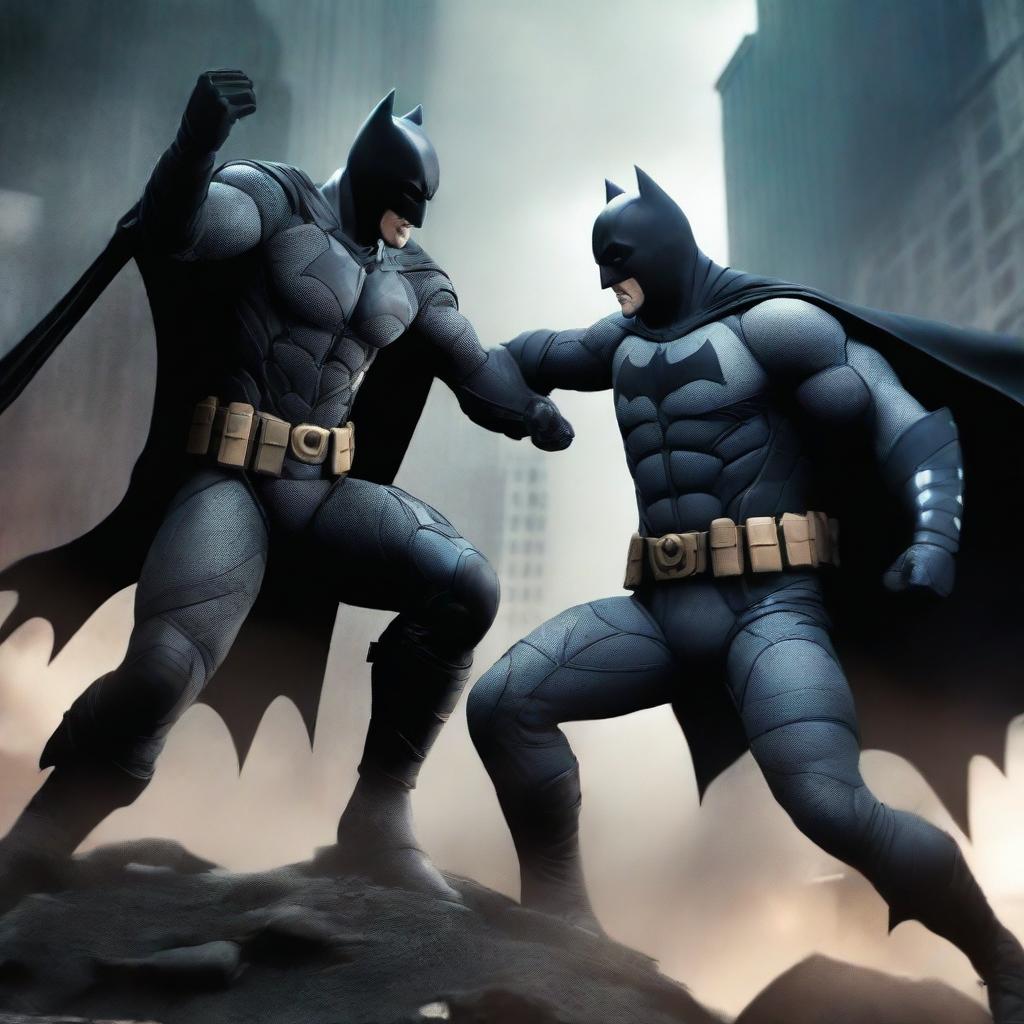 A high-quality digital art image featuring a unique scene where Batman is seen attacking another Batman