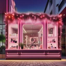 Visualize a 3 meter wide cosmetics shop with appealing outdoor decorations. Showcase vibrant signage, window displays with beauty products, and stylish facade to attract customers