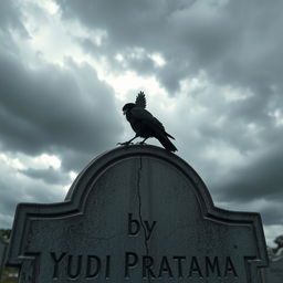 A cracked tombstone under a cloudy sky, with a crow perched on top