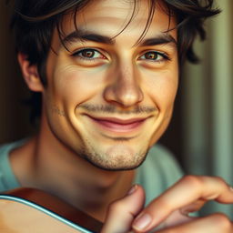 A close-up portrait of a cool and handsome guy, focusing only on his face, smiling gently