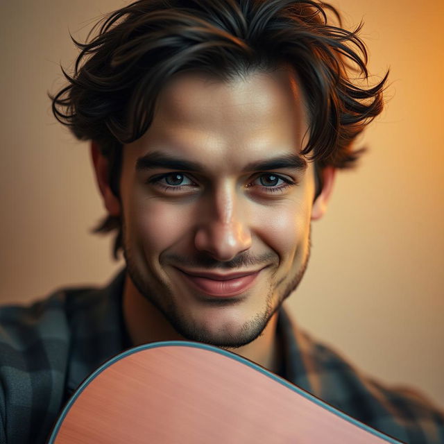 A close-up portrait of a cool and handsome guy, focusing only on his face, smiling gently