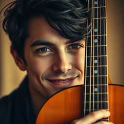 A close-up portrait of a cool and handsome guy, focusing only on his face, smiling gently