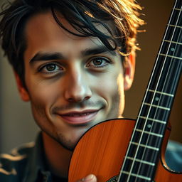 A close-up portrait of a cool and handsome guy, focusing only on his face, smiling gently