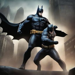 A high-quality digital art image featuring a unique scene where Batman is seen attacking another Batman