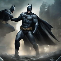 A high-quality digital art image featuring a unique scene where Batman is seen attacking another Batman